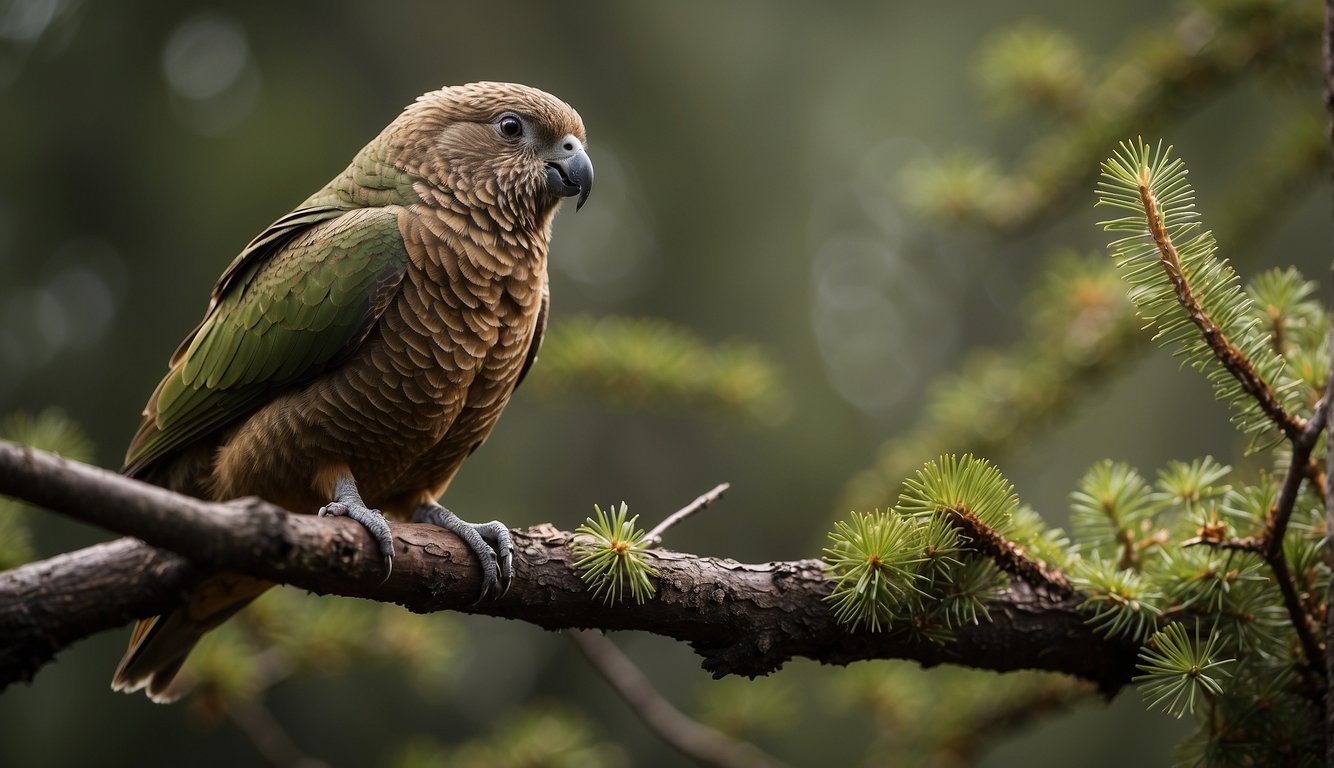The kea perched on a branch, tearing into a piece of rubber from a car.

Nearby, it investigates a backpack, searching for food