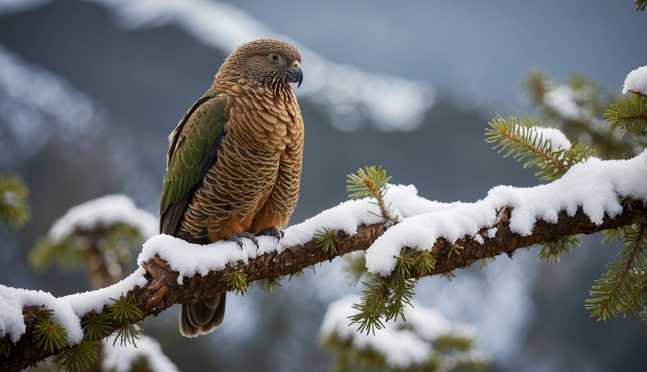 The Kea perched on a snow-covered branch, surrounded by alpine vegetation.

Its beak holds a piece of food, while it peers curiously at the camera