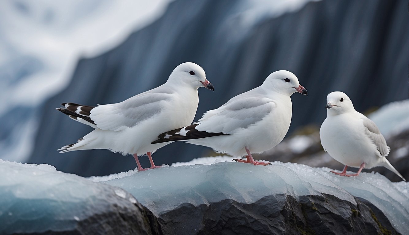 Snow Petrels soar over jagged ice cliffs, their white feathers blending with the snowy landscape.

They huddle together for warmth, their beaks tucked under their wings as they brave the harsh Antarctic winds