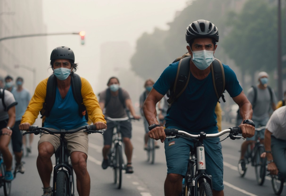 People biking through smog-filled city, coughing and wearing face masks. Hikers struggling to breathe in polluted mountain air. Surfers avoiding contaminated beaches with warning signs