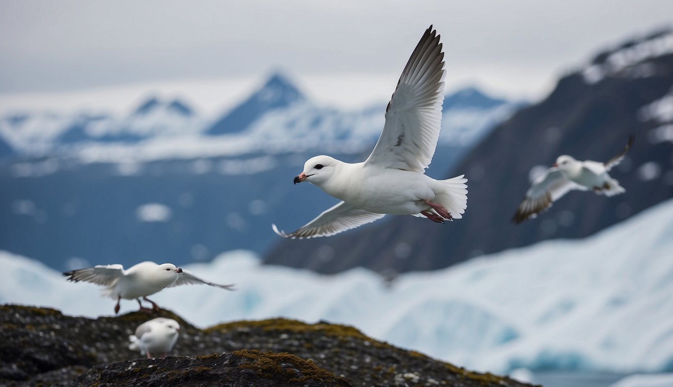 Snow Petrels soar over icy cliffs, nestled in the heart of Antarctica.

The stark landscape is dotted with their graceful flight, a testament to their resilience in the harshest environment on Earth