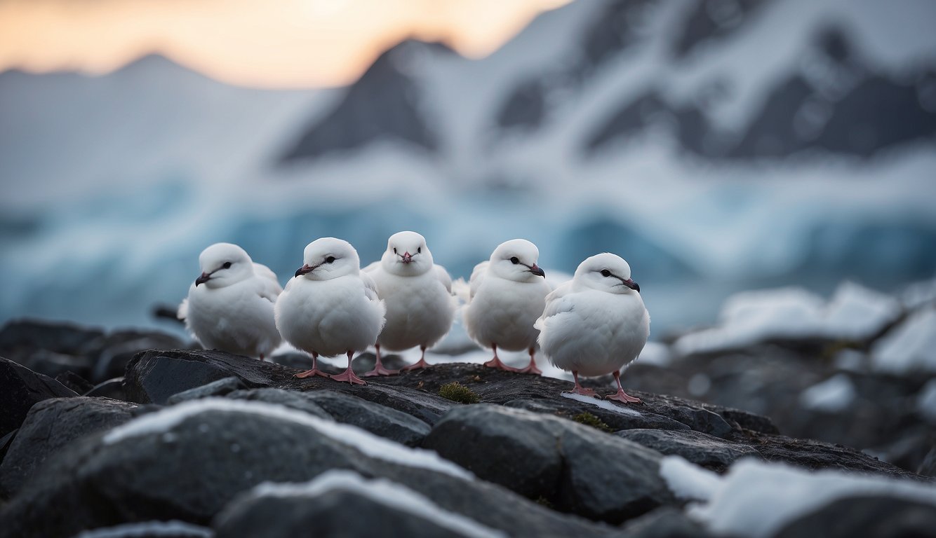 Snow petrels soar over icy peaks, navigating treacherous winds and blizzards.

They huddle together for warmth, their resilient spirits shining through the harsh Antarctic landscape