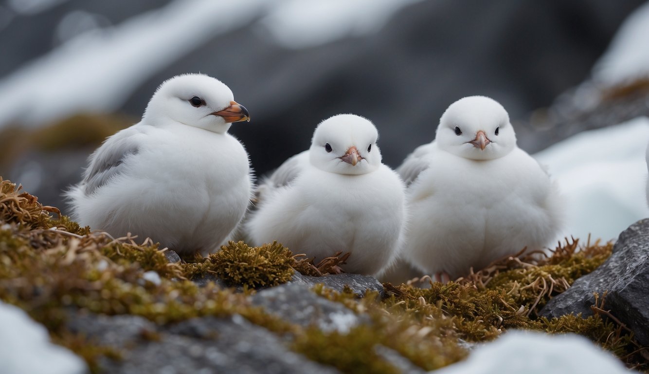 Snow Petrels nest on rocky cliffs, tending to their fluffy chicks in the harsh Antarctic environment.

Adults take turns foraging for krill to sustain their young
