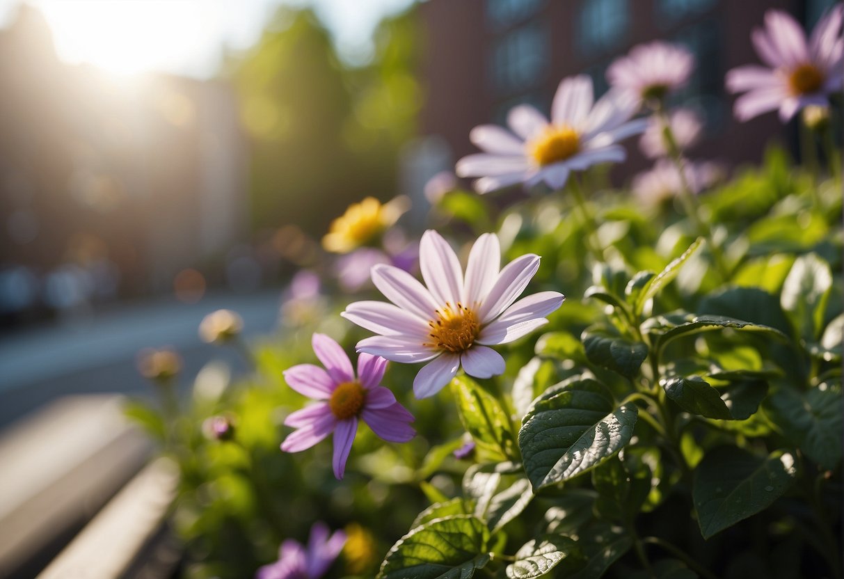 Outdoor flowers bloom in New York as the weather warms. Snow melts, and the sun shines on green leaves and colorful petals, signaling the start of the flowering season