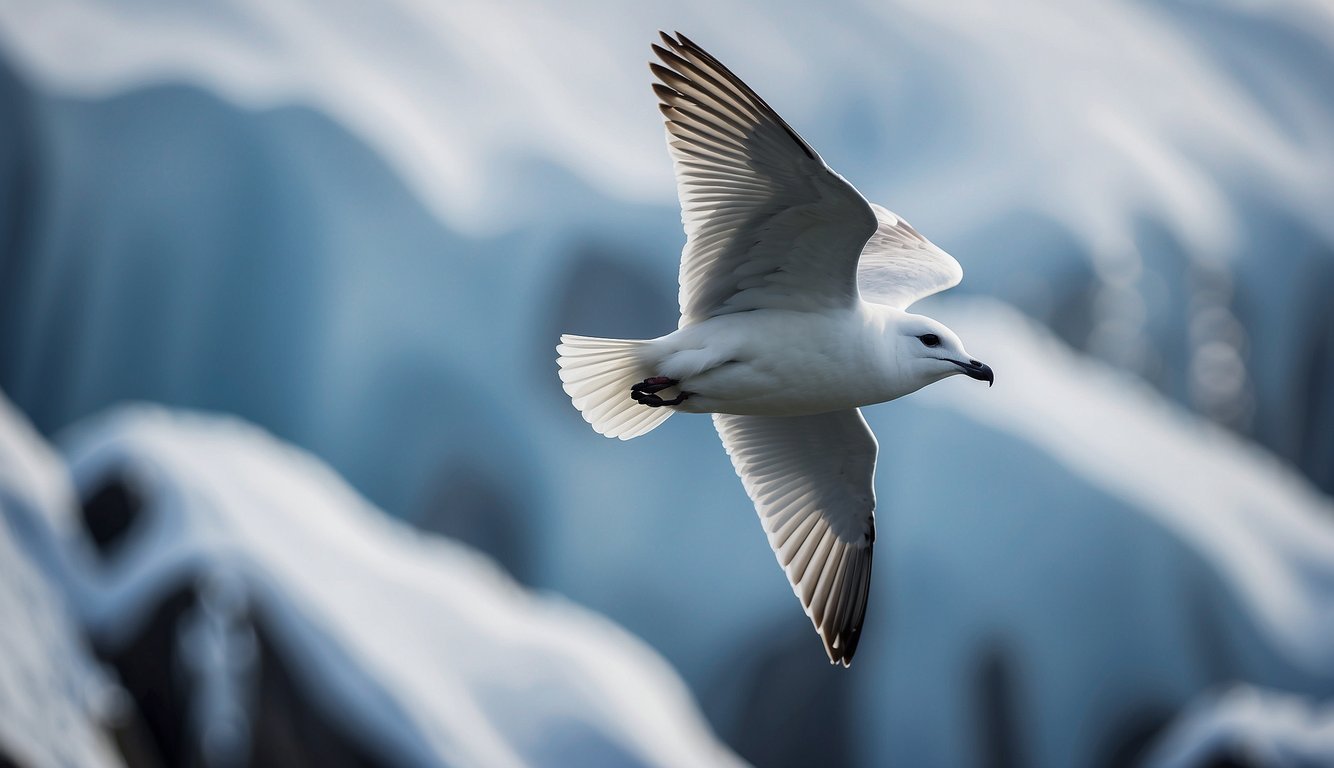 Snow petrels soar over icy cliffs, their white plumage blending into the Antarctic landscape.

Glacial peaks and swirling snow create a dramatic backdrop