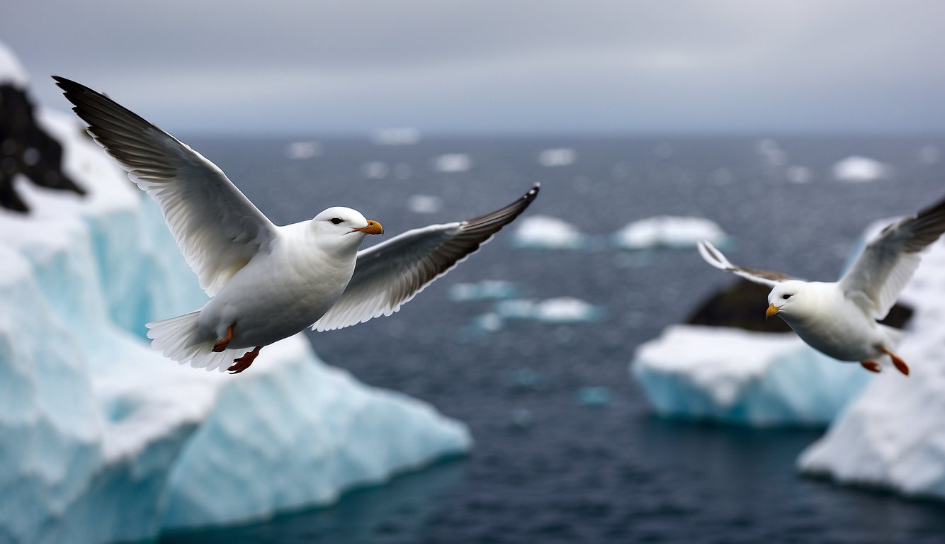 Snow petrels soar over icy cliffs, diving for fish in the frigid waters below.

The harsh Antarctic landscape is their home, where they brave extreme conditions to survive