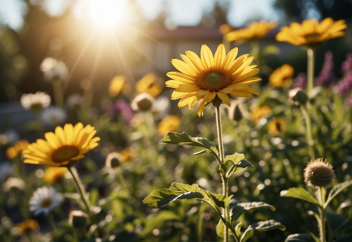 Bright sun shines on a garden with blooming flowers. A calendar shows the date as springtime in California