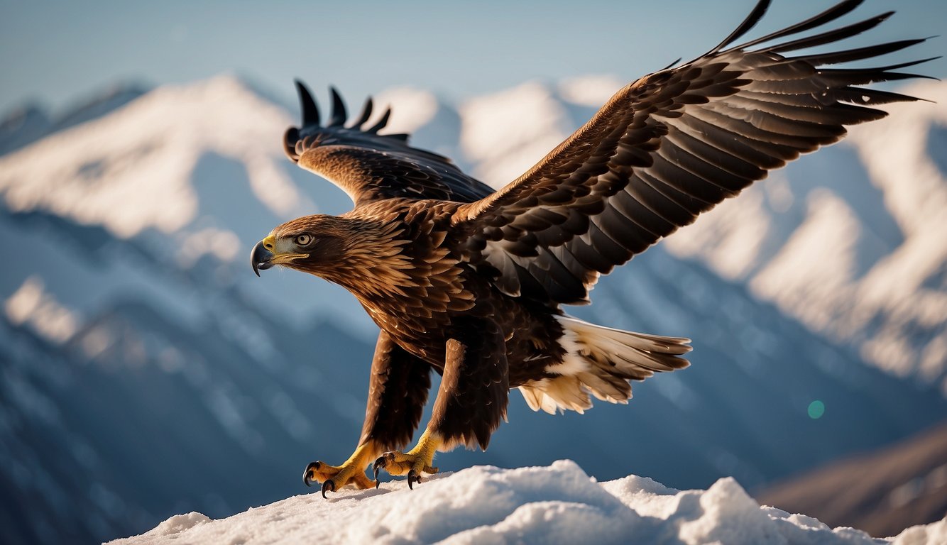 A majestic golden eagle soars high above snow-capped mountains, its sharp eyes scanning the vast northern skies for prey