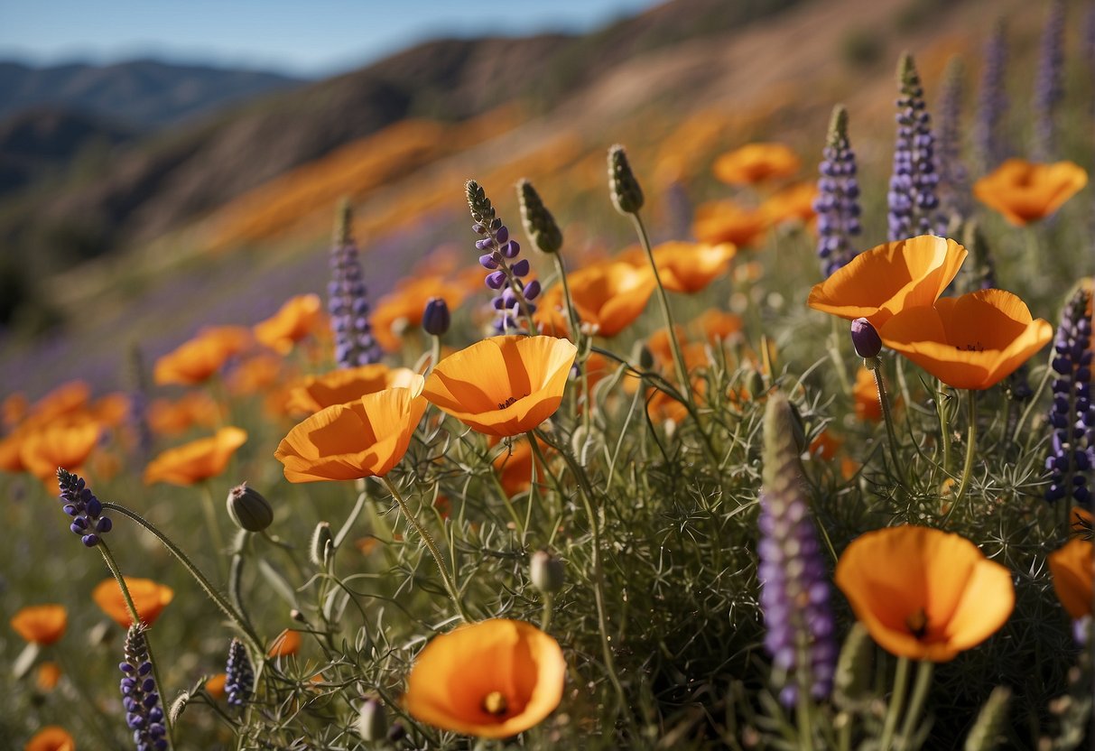 Flowers bloom in California: poppies and lupines open under the warm spring sun, while wildflowers burst into color across the hillsides