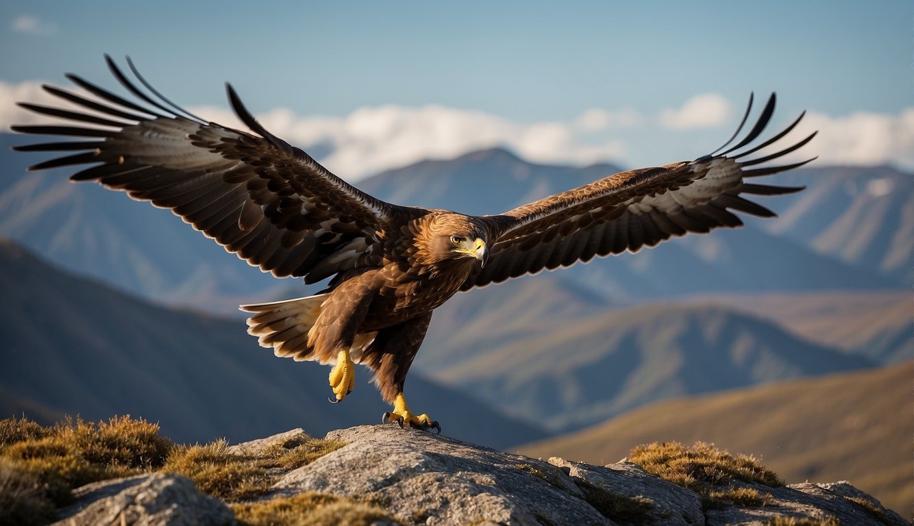 The majestic golden eagle soars high above the rugged northern landscape, its powerful wings outstretched as it surveys its domain with an air of dominance and authority