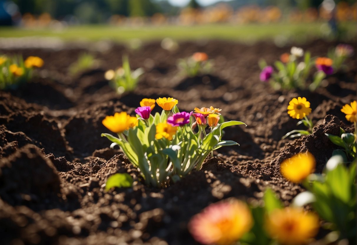 Rich soil being tilled under the warm California sun, with vibrant flowers beginning to bloom in the outdoor garden