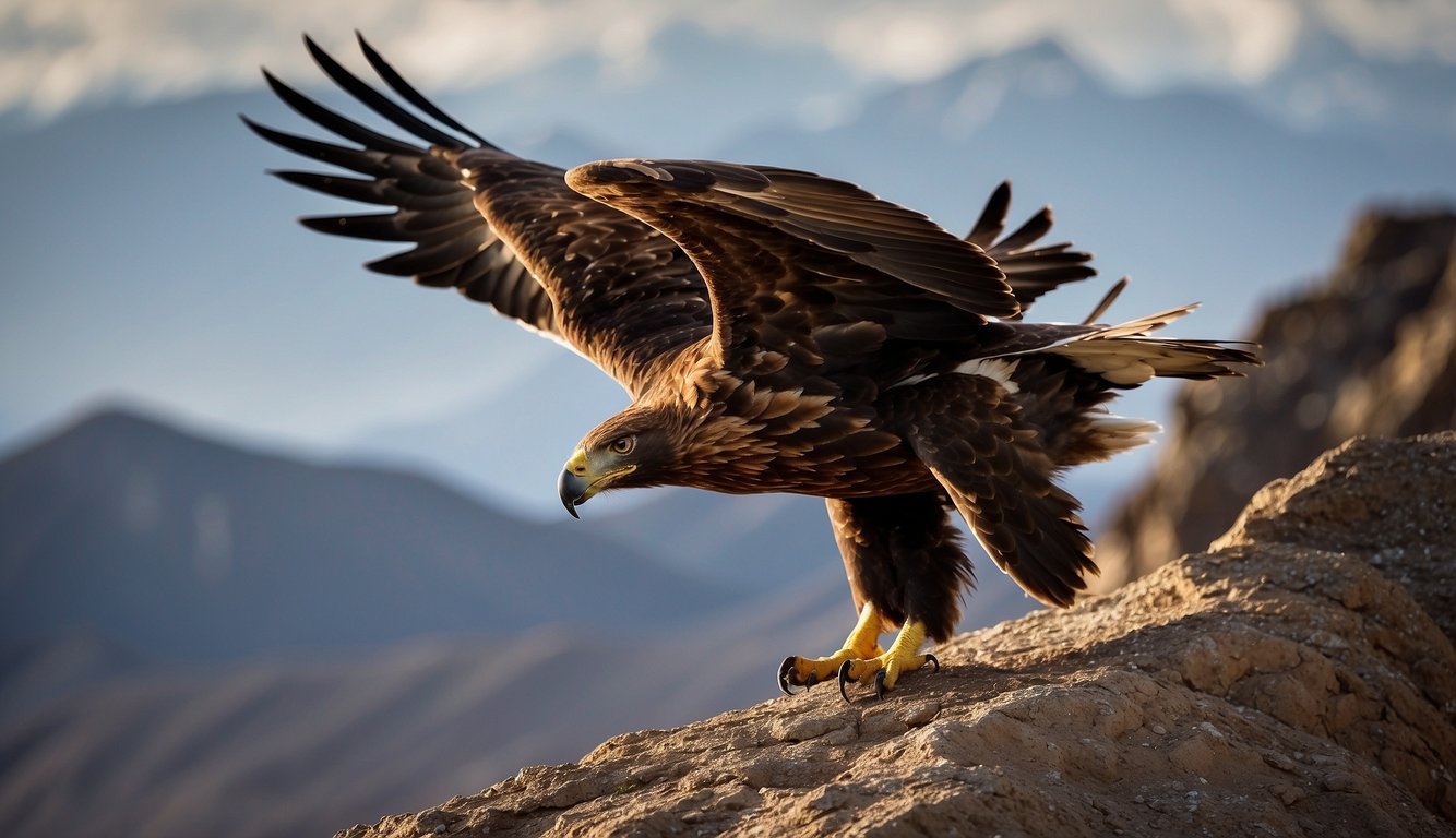 The majestic golden eagle soars high above the rugged northern landscape, its piercing eyes scanning the vast expanse below.

Its powerful wings spread wide, commanding the skies with a sense of dominance and authority