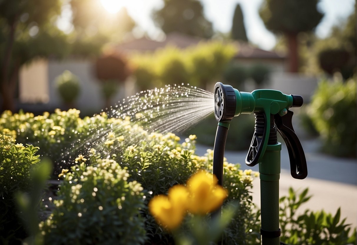 A garden hose spraying water onto a variety of flowering plants in a sunny outdoor setting in California