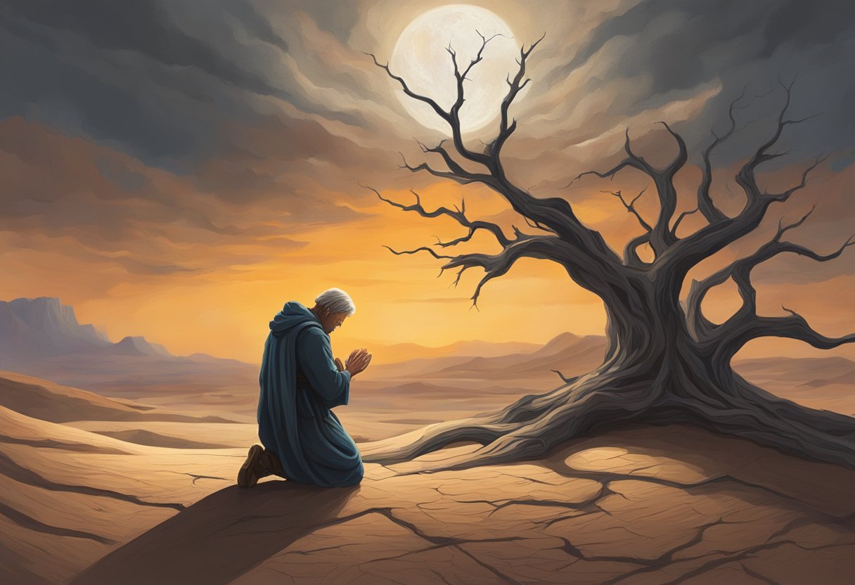 A barren desert landscape with a withered tree, cracked earth, and a dark, foreboding sky. A figure kneels in prayer, surrounded by swirling spiritual warfare