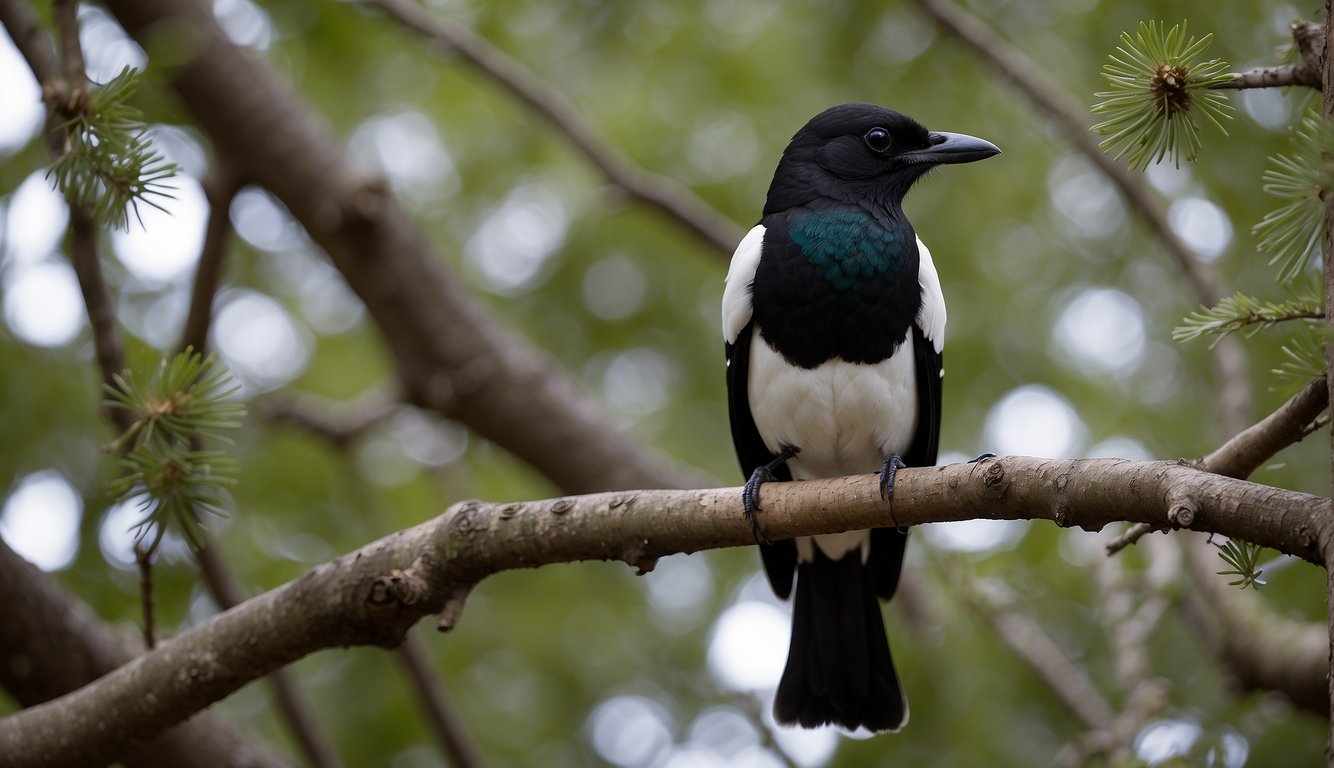 A magpie perched on a tree branch, surrounded by shiny objects and observing its surroundings with a curious and intelligent gaze