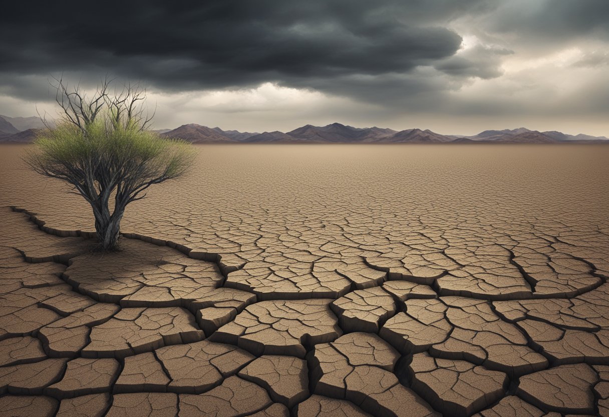 A barren desert landscape, with cracked earth and wilted plants. A dark, ominous sky looms overhead, casting a sense of spiritual emptiness and struggle