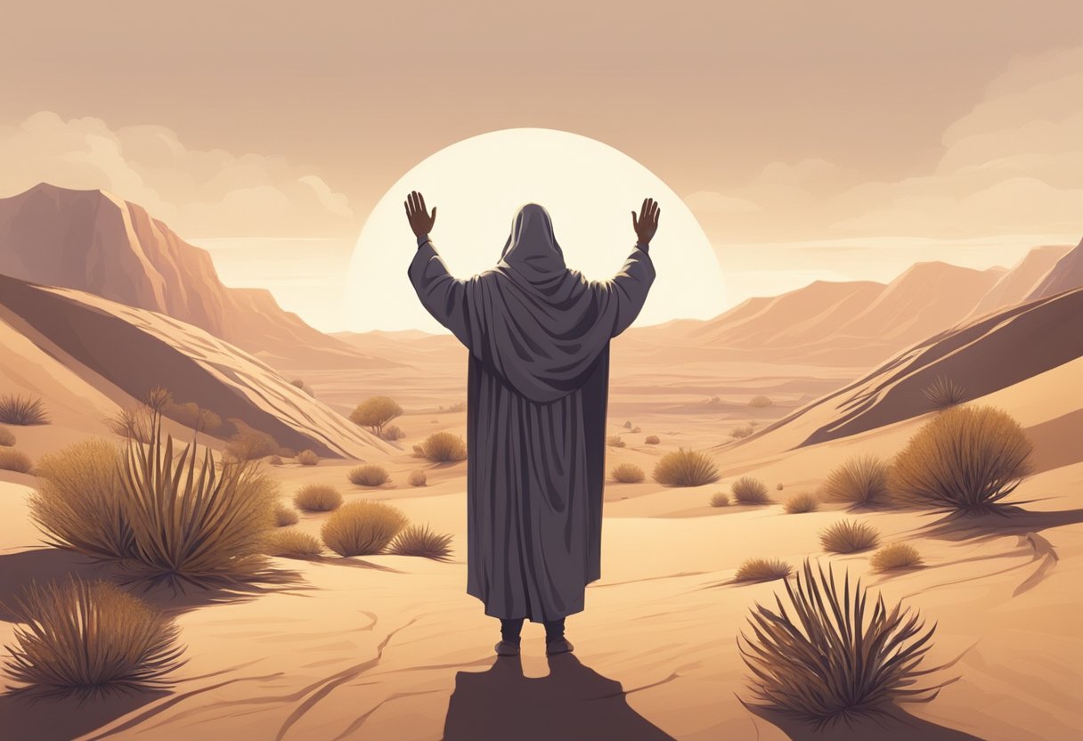 A figure stands in a barren desert, surrounded by withered plants. They raise their arms in prayer, invoking divine protection against spiritual drought