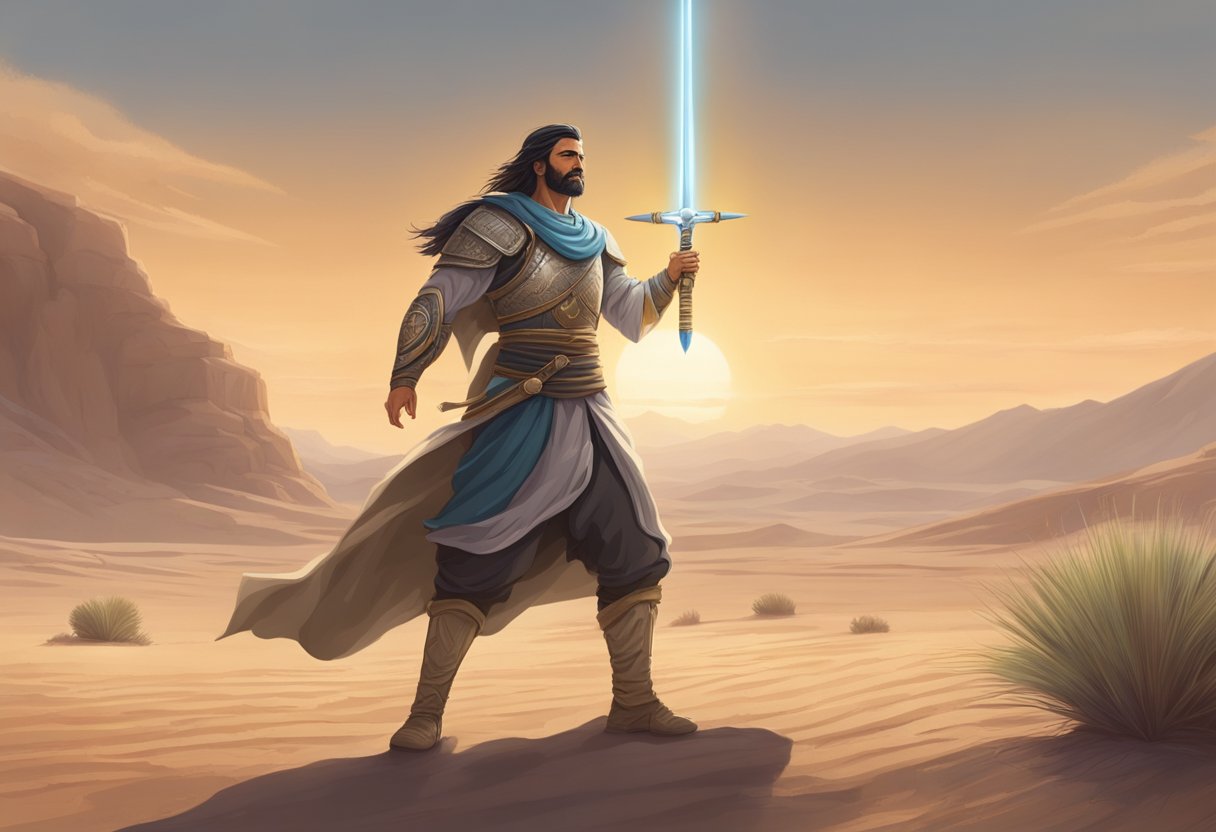 A powerful spiritual warrior standing in a desert, surrounded by dry and barren land, lifting a sword towards the sky in a gesture of prayer