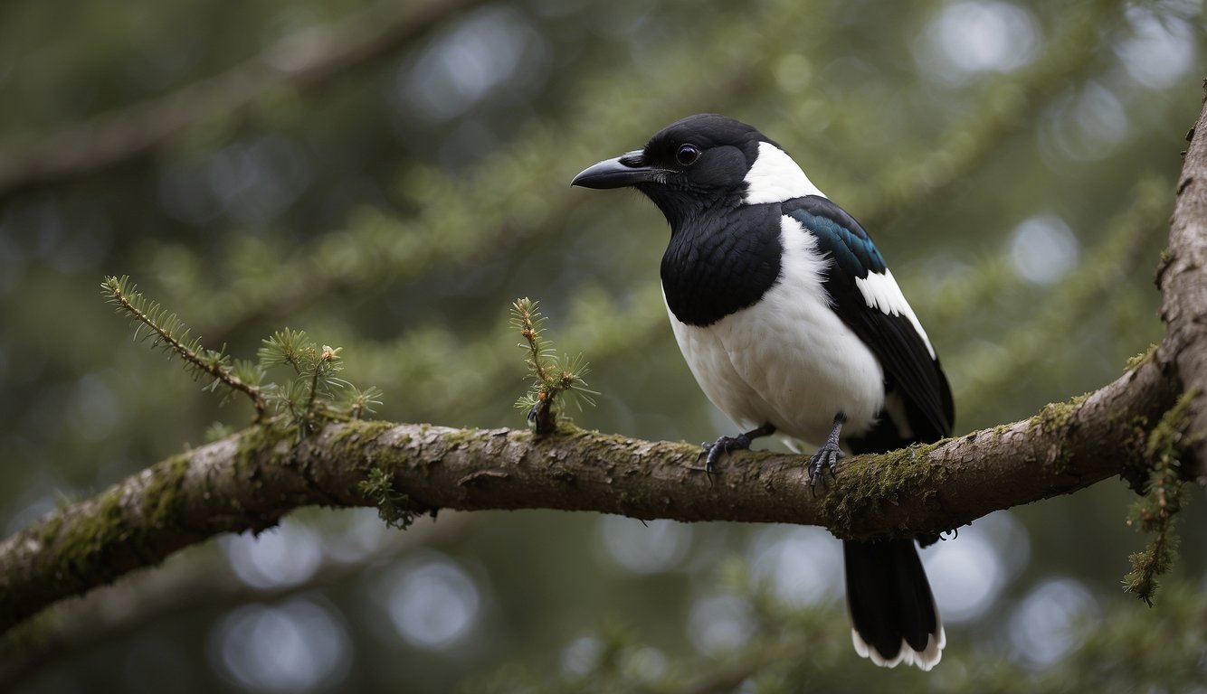 A magpie perches on a tree branch, holding a shiny object in its beak.

Other magpies surround it, watching and chirping in what seems to be a coordinated communication