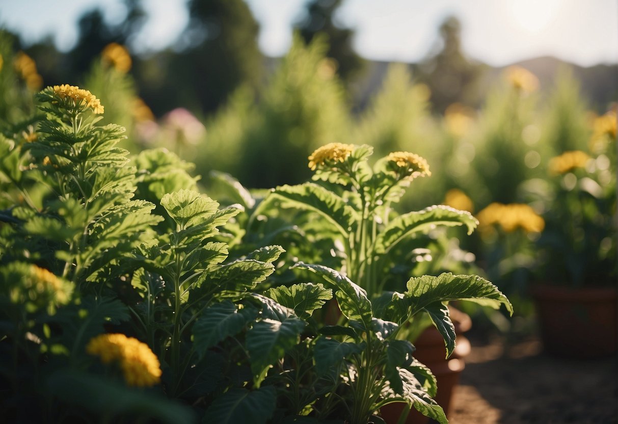 Lush green plants with vibrant flowers being gently harvested in the warm California sun