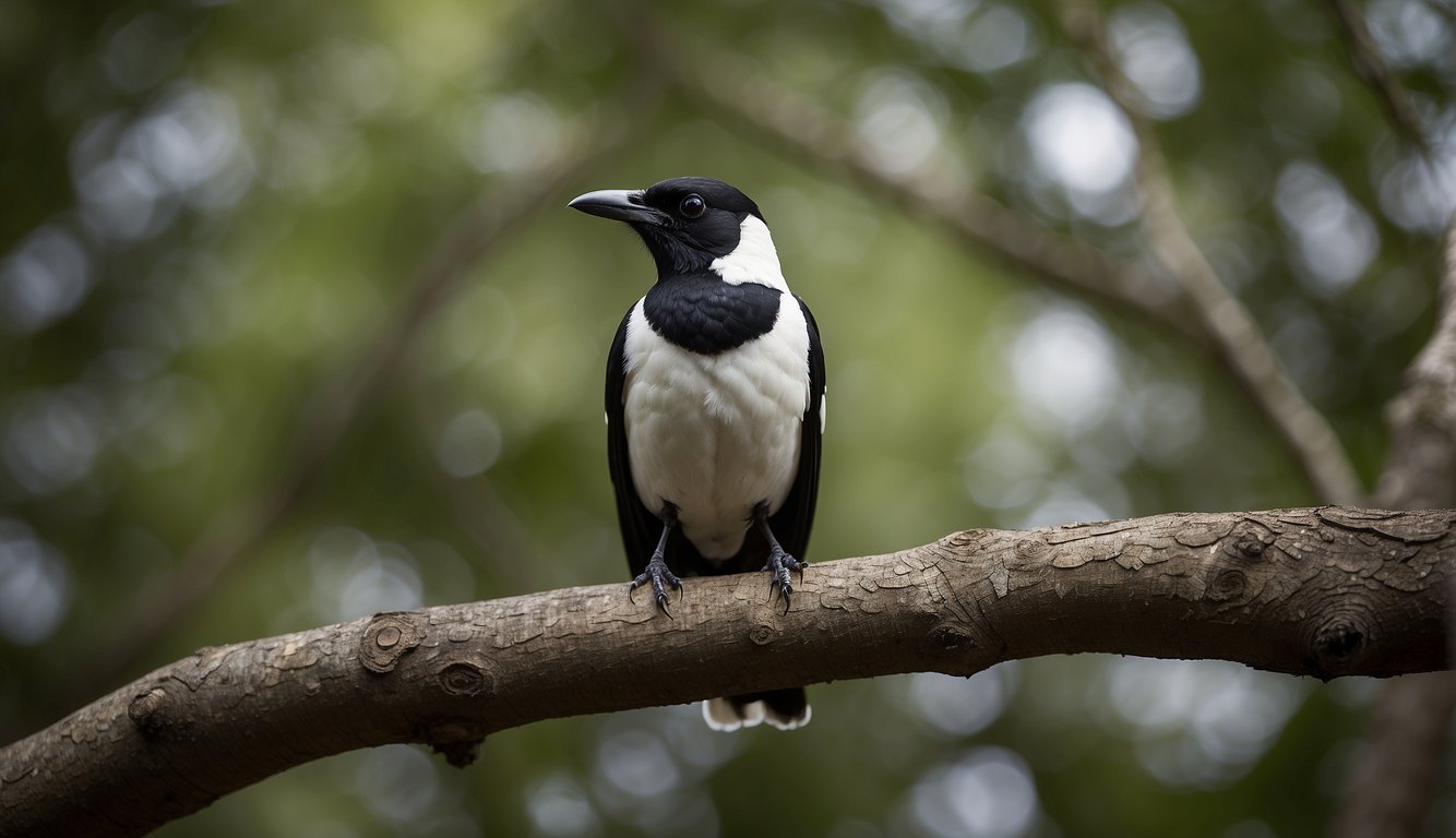 A magpie perches on a tree branch, surrounded by various objects it has collected.

Its keen eyes and sleek black and white feathers suggest intelligence and adaptability