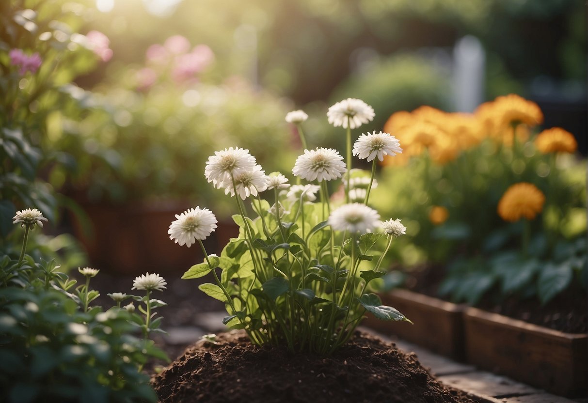 A garden with various plants in different stages of blooming, surrounded by sunlight and varying weather conditions