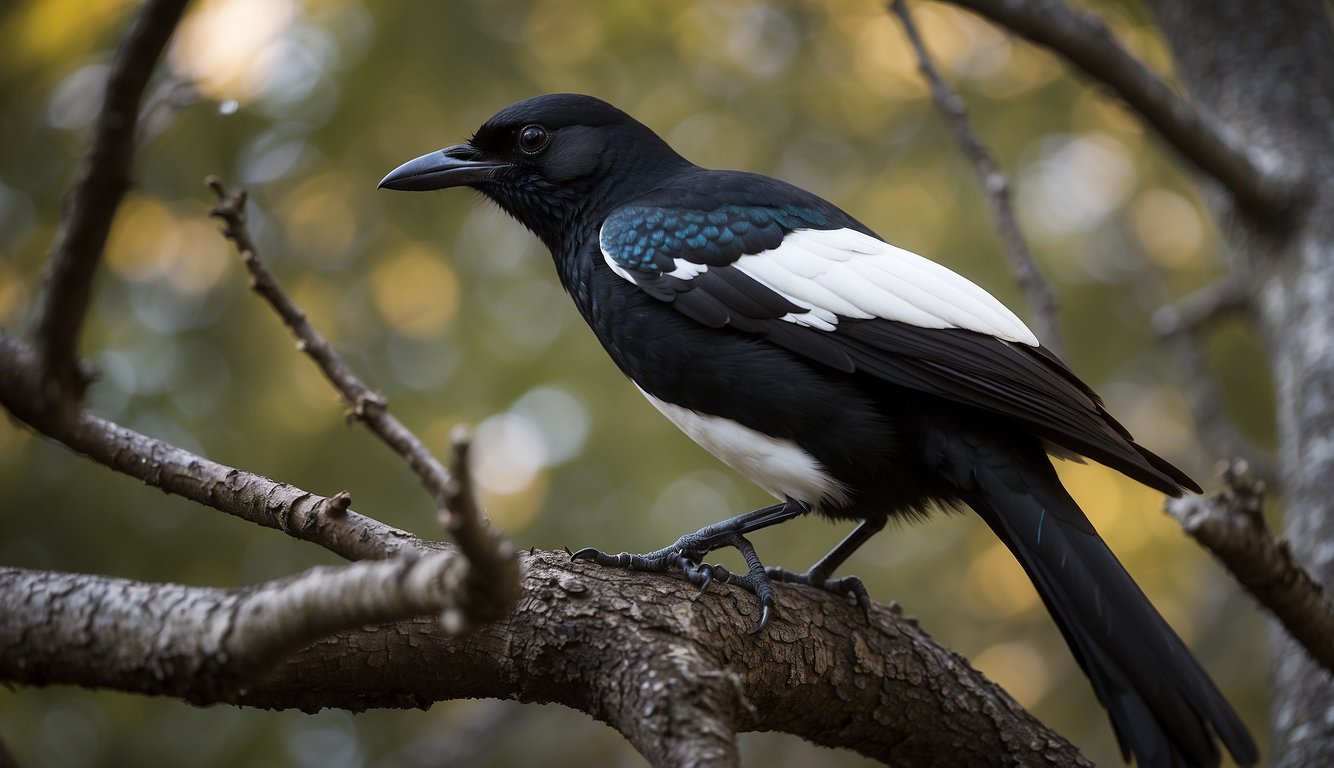 A magpie perched on a tree branch, surrounded by symbols of folklore and cultural significance.

A puzzle or book on magpie intelligence lies nearby