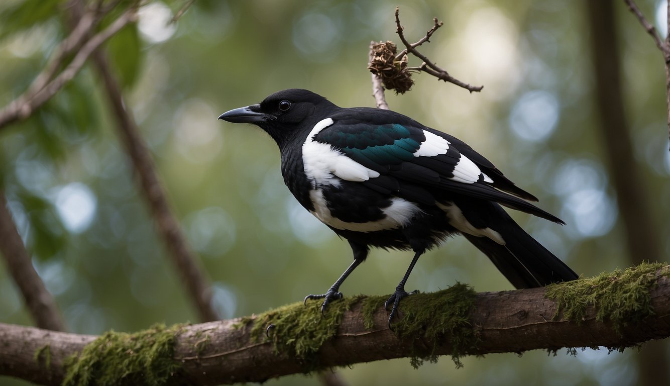 A magpie perched on a branch, surrounded by various objects it has collected.

It gazes intently, seemingly pondering its next move