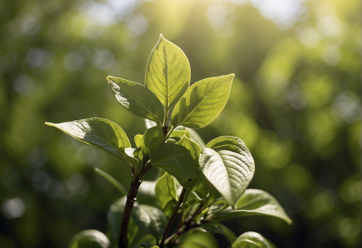 Green leaves unfurling, buds forming on stems, sunlight filtering through the branches, and a calendar showing the arrival of spring