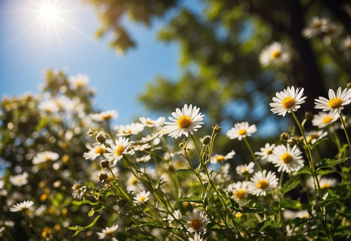 Colorful outdoor scene with blooming flowers, green foliage, and clear blue skies. Sunlight illuminates the vibrant petals, creating a picturesque setting for the start of the flowering period