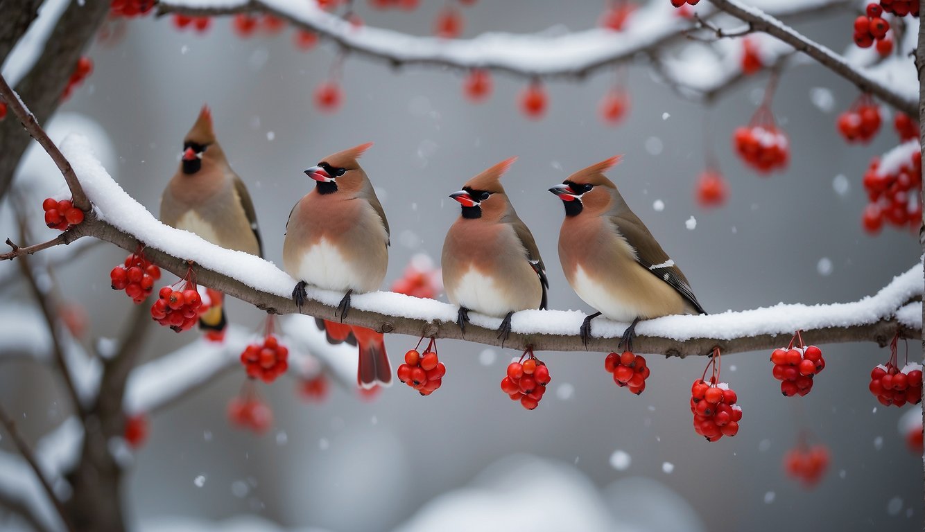 A flock of waxwings voraciously devouring bright red berries from a snow-covered tree branch