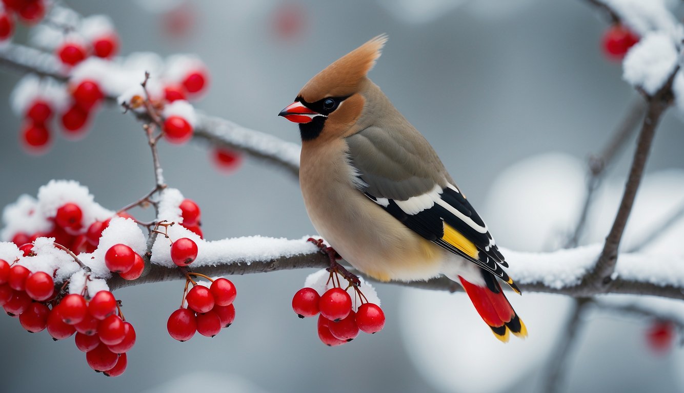 A waxwing perched on a snow-covered branch, its sleek plumage and distinctive black mask standing out.

It delicately plucks a bright red berry from a cluster, showcasing its unique berry obsession as a winter survival strategy
