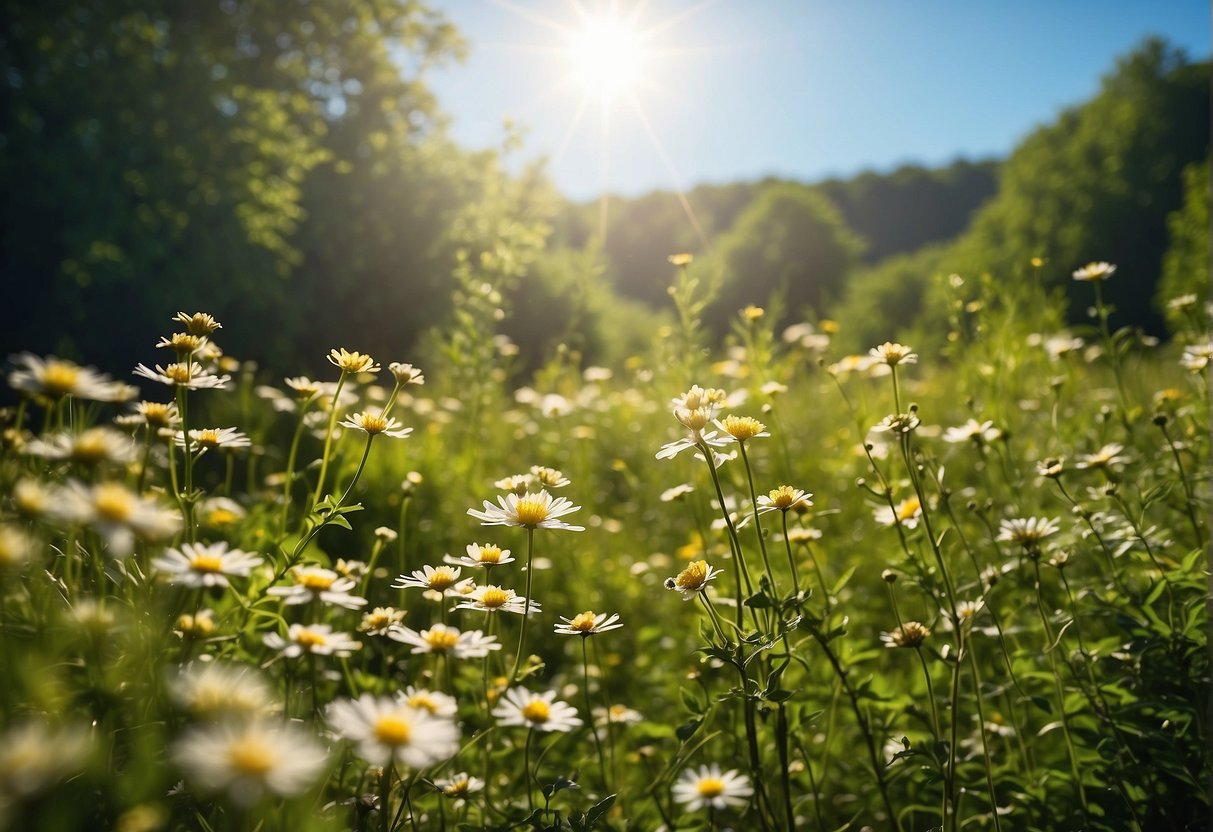 Lush green landscape with blooming flowers, trees, and bushes. Bright sunlight and clear blue skies. Wildlife and insects buzzing around