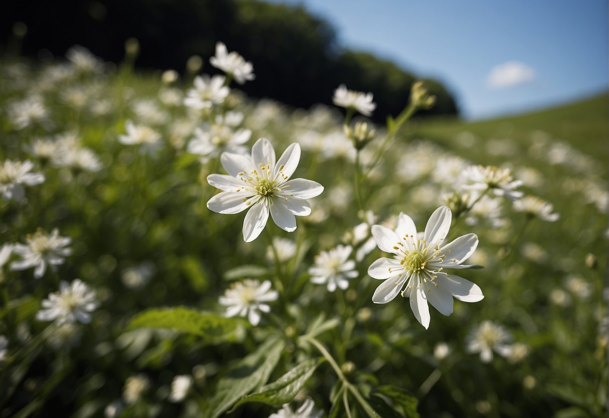 Lush green landscape with blooming flowers in early spring, under the clear blue sky of Virginia