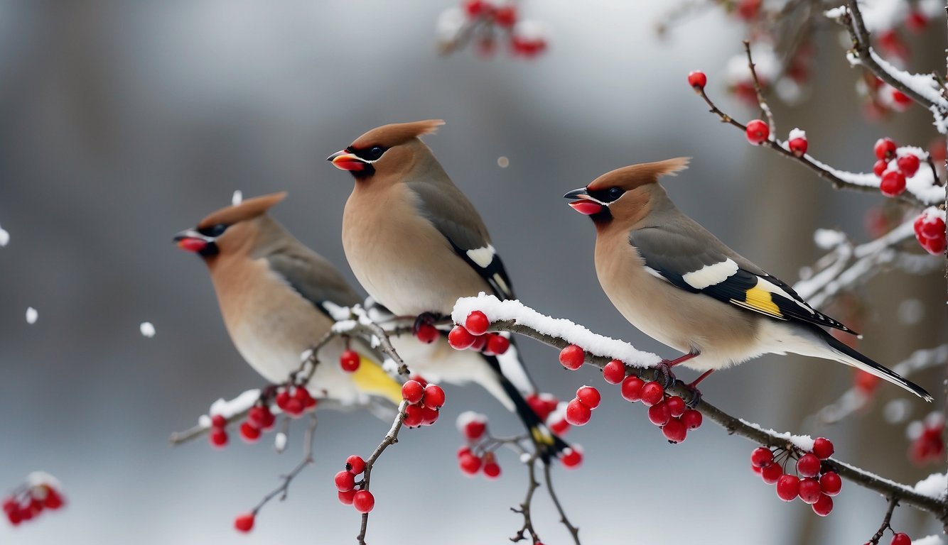 A flock of waxwings converge on a tree heavy with red berries.

They eagerly pluck and devour the fruit, their vibrant plumage contrasting against the snowy landscape