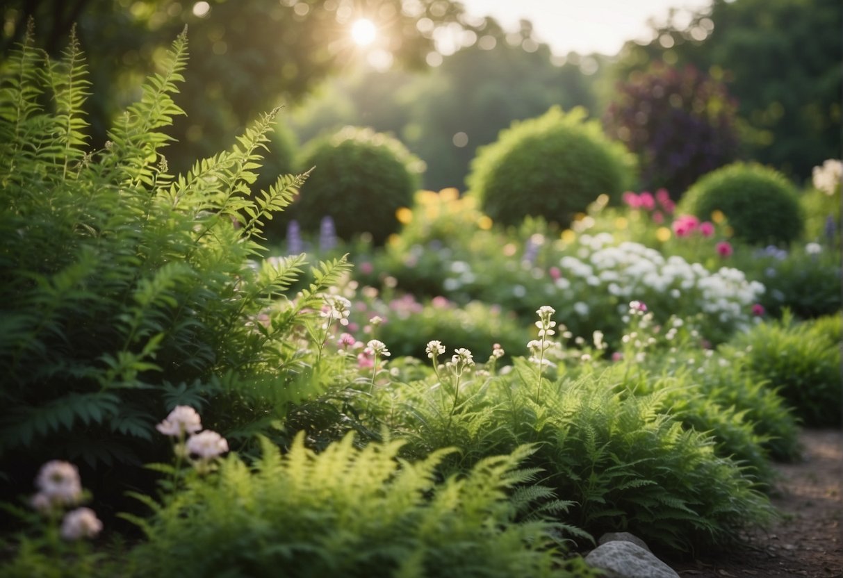 Lush green foliage surrounds a blooming garden, with various plants displaying different stages of flowering in the outdoor Virginia landscape