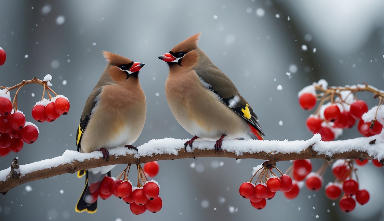 A waxwing perched on a snow-covered branch, eagerly devouring bright red berries.

Snowflakes falling around, as the bird's focus is solely on the juicy fruits
