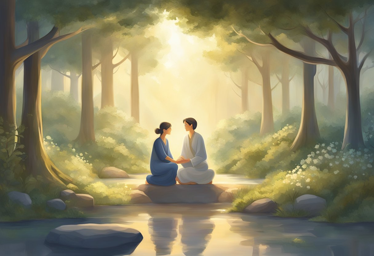 A serene and hopeful setting with a soft glow, symbolic elements of fertility, and a sense of unity and connection