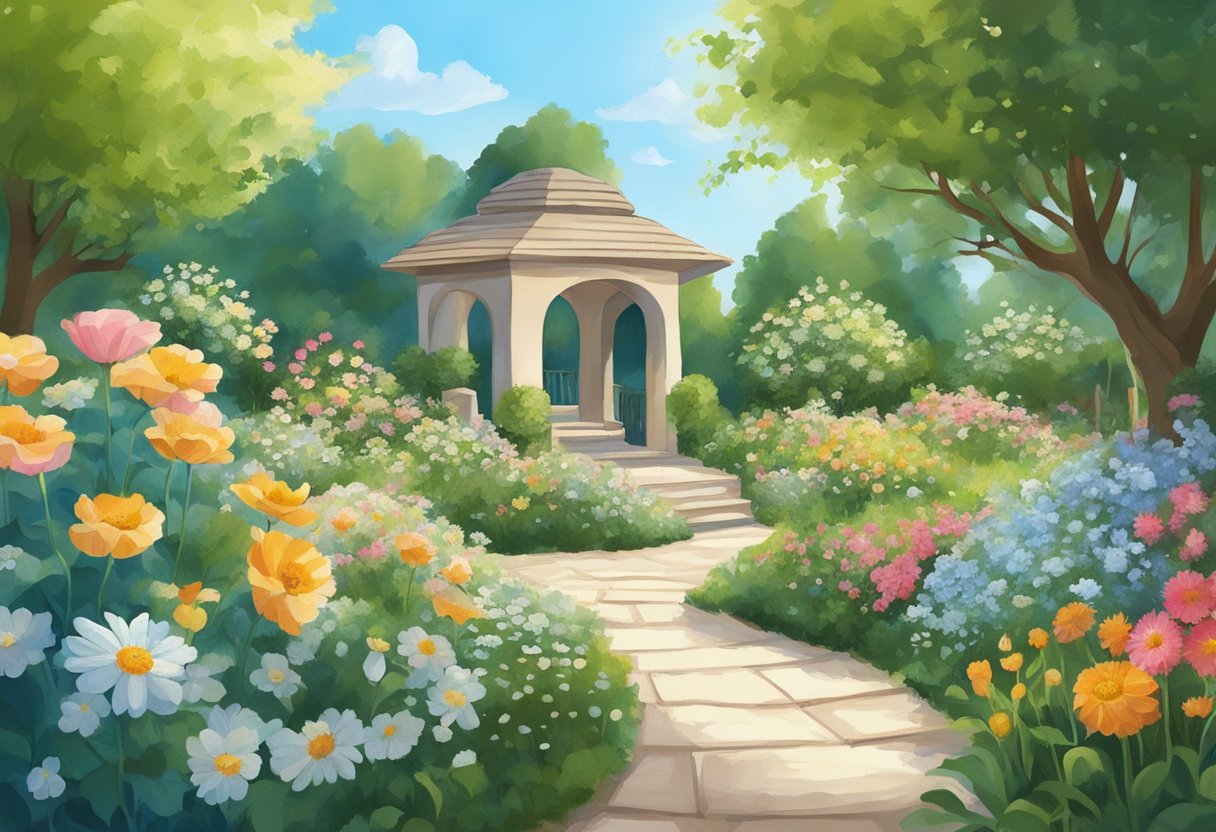 A peaceful garden with blooming flowers and a clear blue sky, symbolizing hope and new life