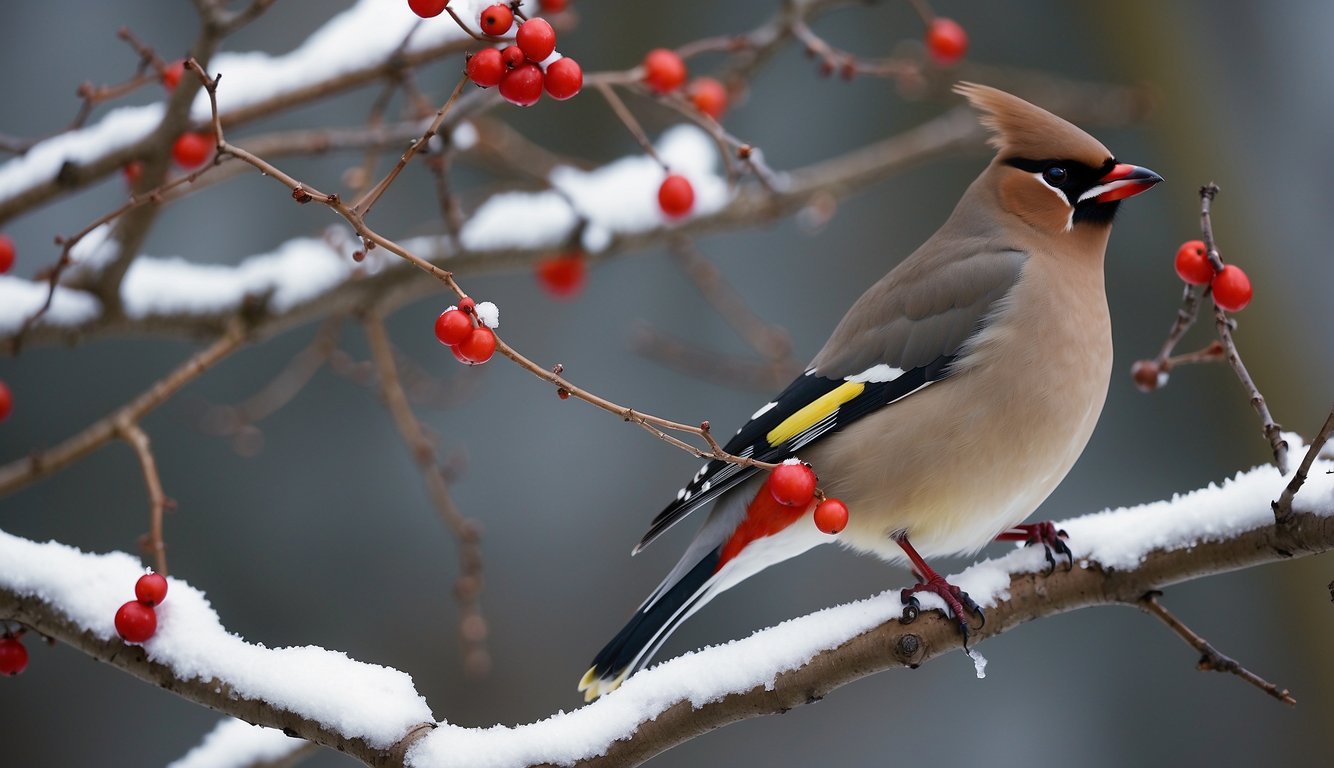A waxwing perches on a snowy branch, plucking berries from a cluster.

Other waxwings gather nearby, sharing in the winter feast