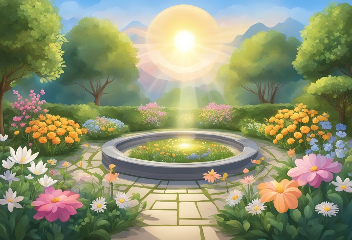 A serene garden with blooming flowers and a glowing sun, surrounded by symbols of fertility and prayer