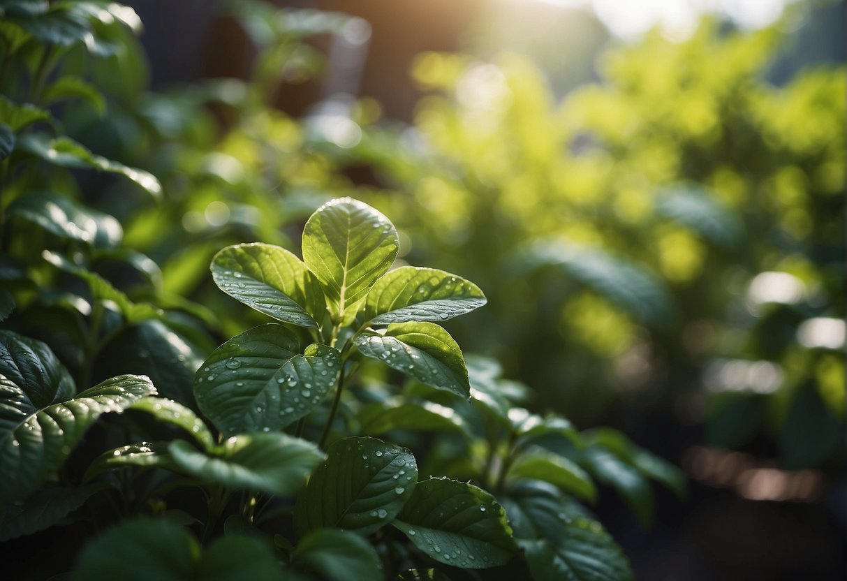 Lush green plants in outdoor garden, blooming flowers being watered during sunny day in Virginia