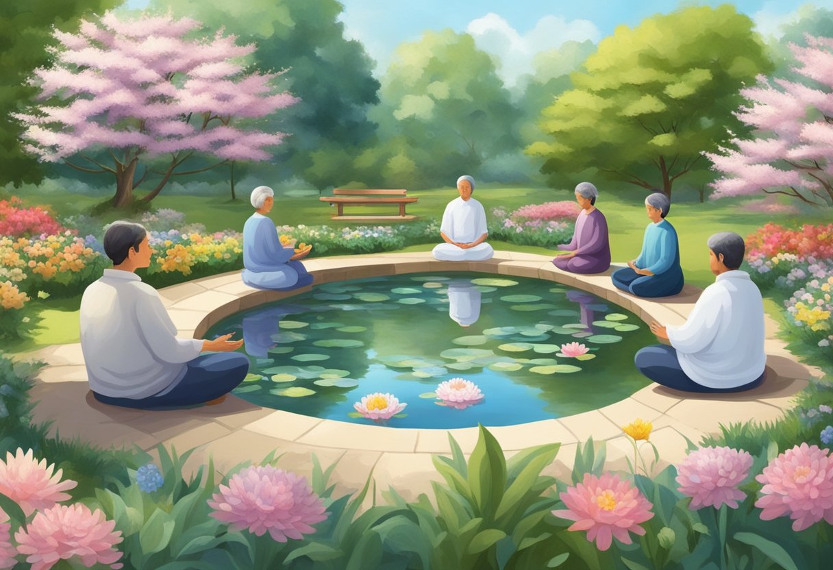 A serene garden with blooming flowers and a tranquil pond, surrounded by individuals meditating and reciting prayers for fertility and the donation of sperm and eggs