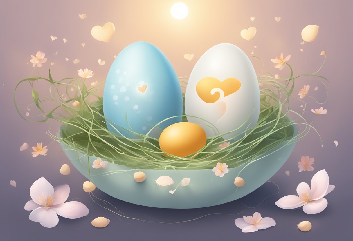 A serene and hopeful setting with soft lighting, two delicate eggs and sperm surrounded by symbols of love and compassion