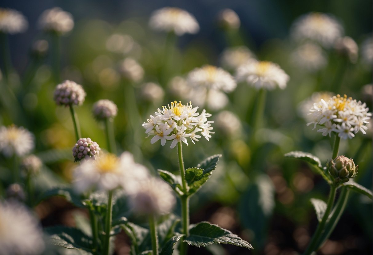 Flowering begins in early spring in Virginia. Common pests and diseases include aphids, powdery mildew, and spider mites. The scene depicts a garden with wilting and discolored flowers, and small insects infesting the plants