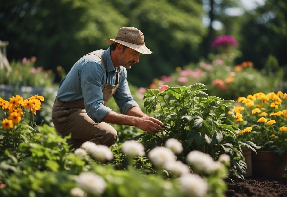 Lush green plants in a Virginia garden, with vibrant flowers in bloom. A gardener tends to the plants, inspecting and harvesting the ripe produce