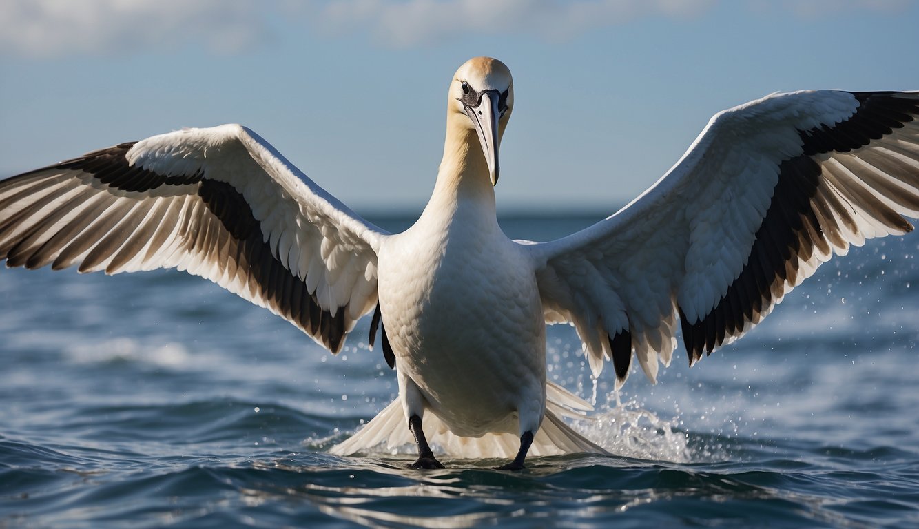 A gannet plunges into the sparkling sea, wings tucked back, beak aimed like a spear.

The water erupts as it disappears into the depths, hunting for fish