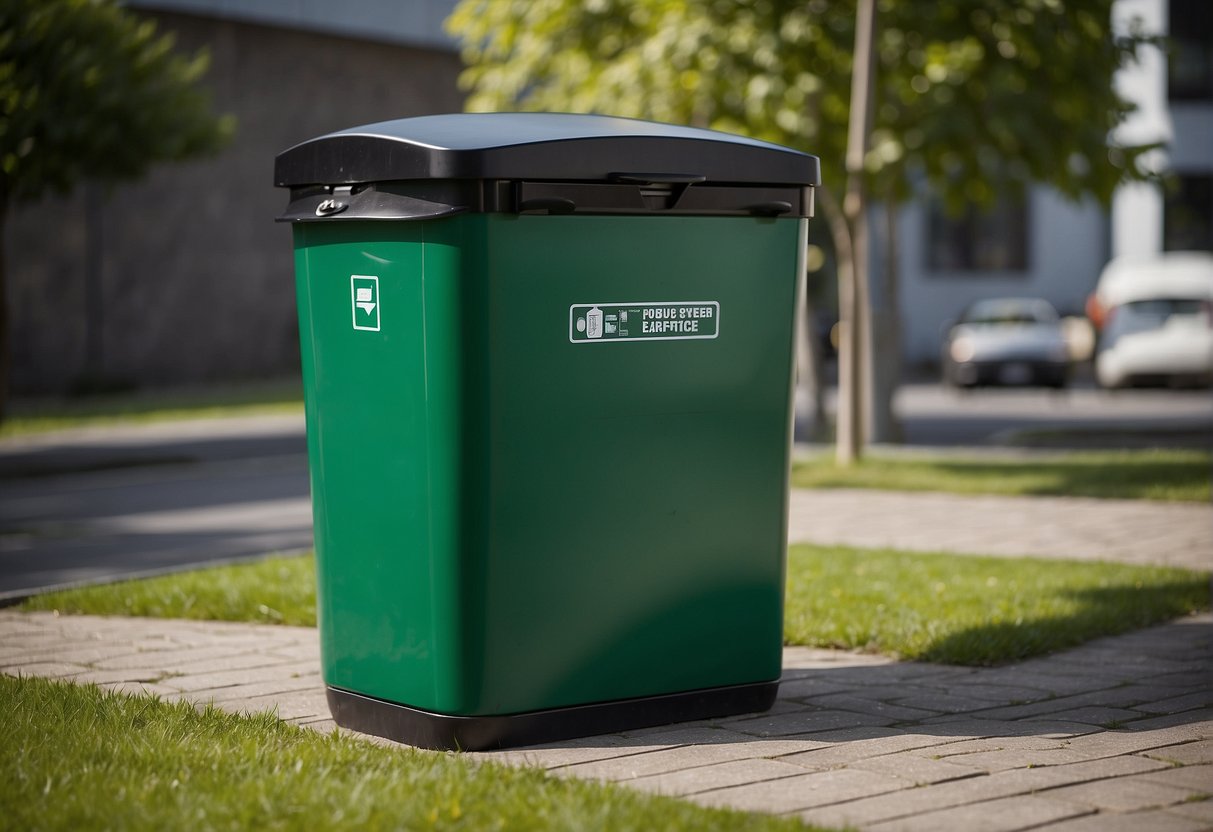 The outdoor waste receptacle is being cleaned and checked for any maintenance requirements. The lid is open, and the interior is being inspected for any debris or damage