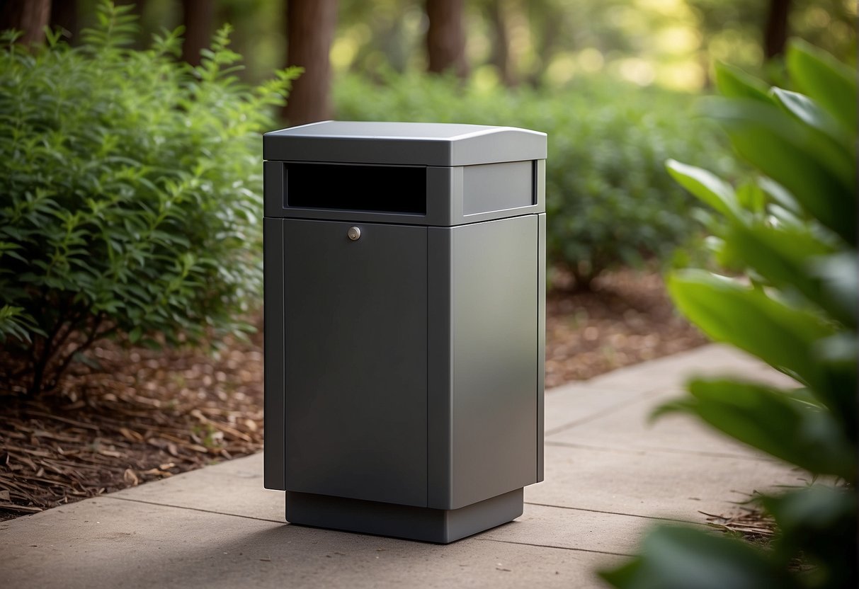 An outdoor waste receptacle with clean lines and a modern design, situated in a natural setting with trees and greenery in the background