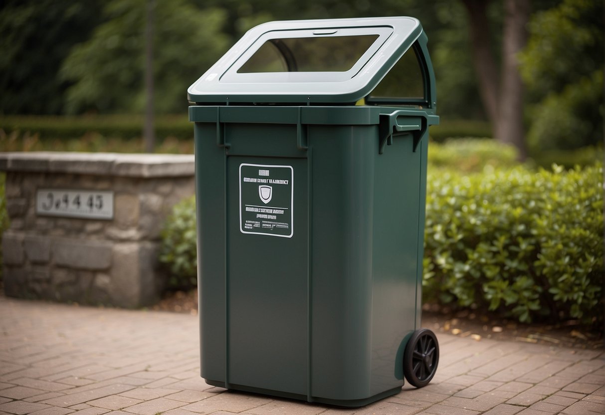 An outdoor waste receptacle with clear labeling, durable materials, and a secure lid. It should be weather-resistant, easily accessible, and have a large capacity